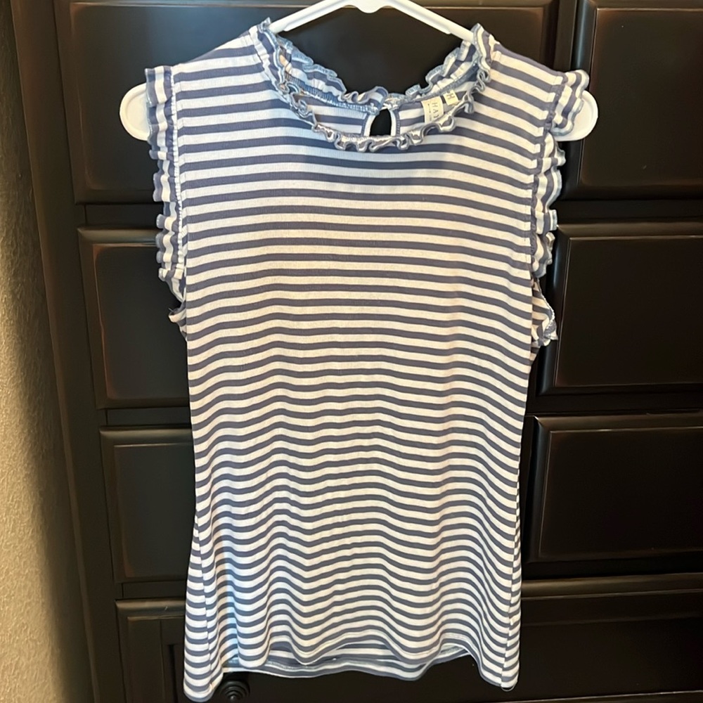 Blue and white stripe ruffle neck and sleeve